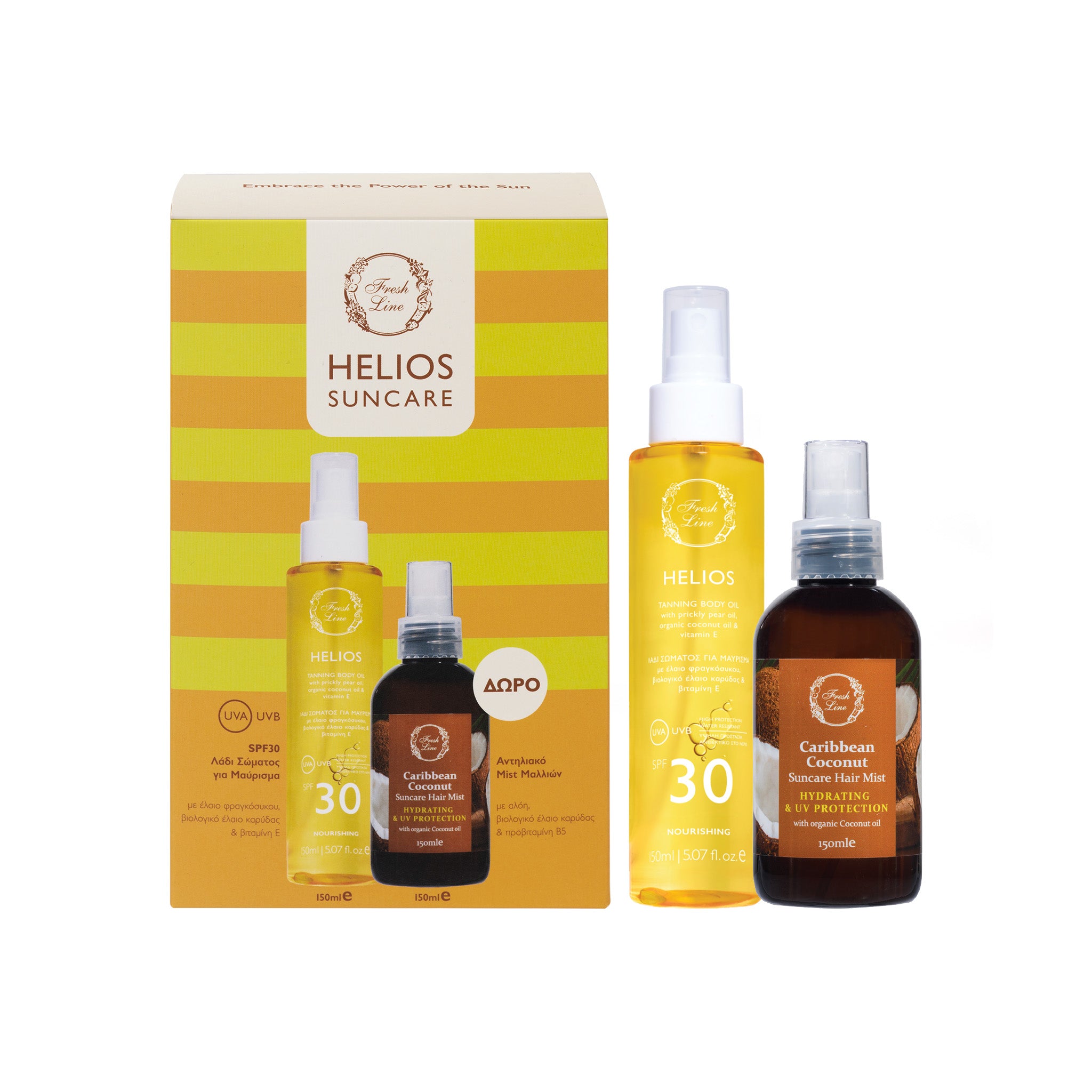 Helios Σετ αντηλιακής προστασίας 2τμχ - Λάδι για Μαύρισμα SPF30 & Mist Μαλλιών