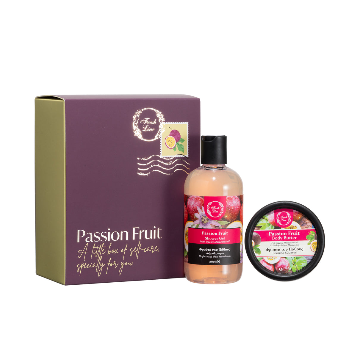 Σετ περιποίησης σώματος Passion Fruit της Fresh Line με αφρόλουτρο και βούτυρο σώματος, δίπλα στη μωβ συσκευασία δώρου.
