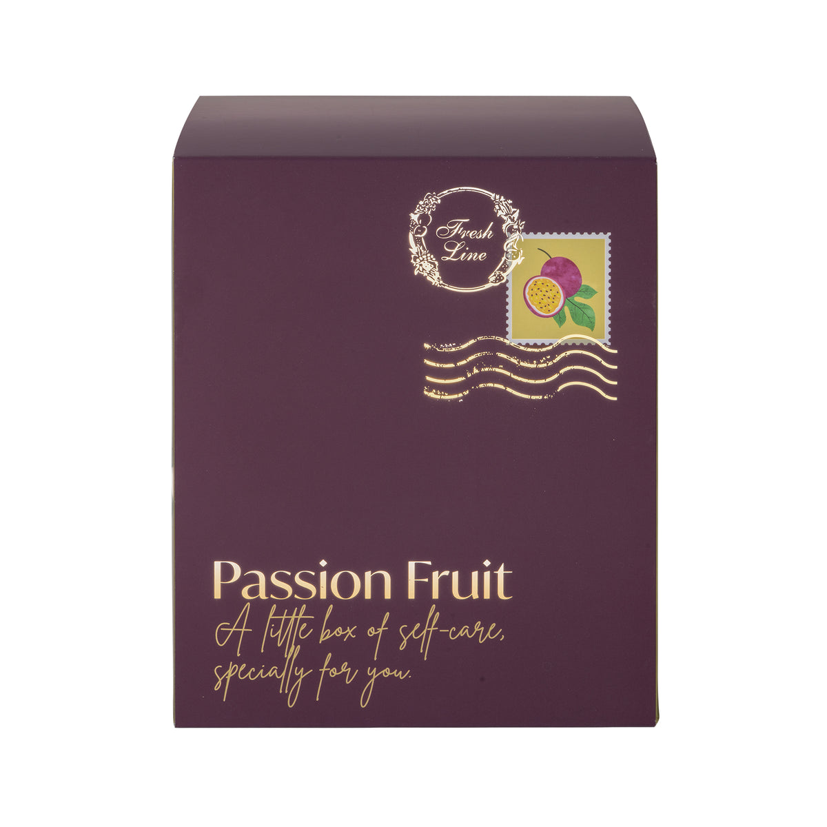 Μωβ κουτί δώρου Passion Fruit της Fresh Line με διακοσμητικό γραμματόσημο και σχέδιο φρούτου του πάθους στην μπροστινή όψη.