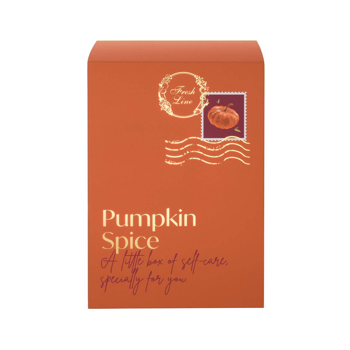 Κουτί δώρου Pumpkin Spice της Fresh Line με σχέδιο κολοκύθας σε γραμματόσημο και χρυσές λεπτομέρειες στην μπροστινή όψη.