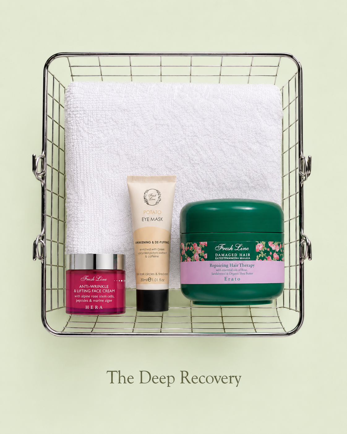 The Deep Recovery bundle με Ήρα κρέμα προσώπου, Potato μάσκα ματιών και Ερατώ μάσκα επανόρθωσης μαλλιών.