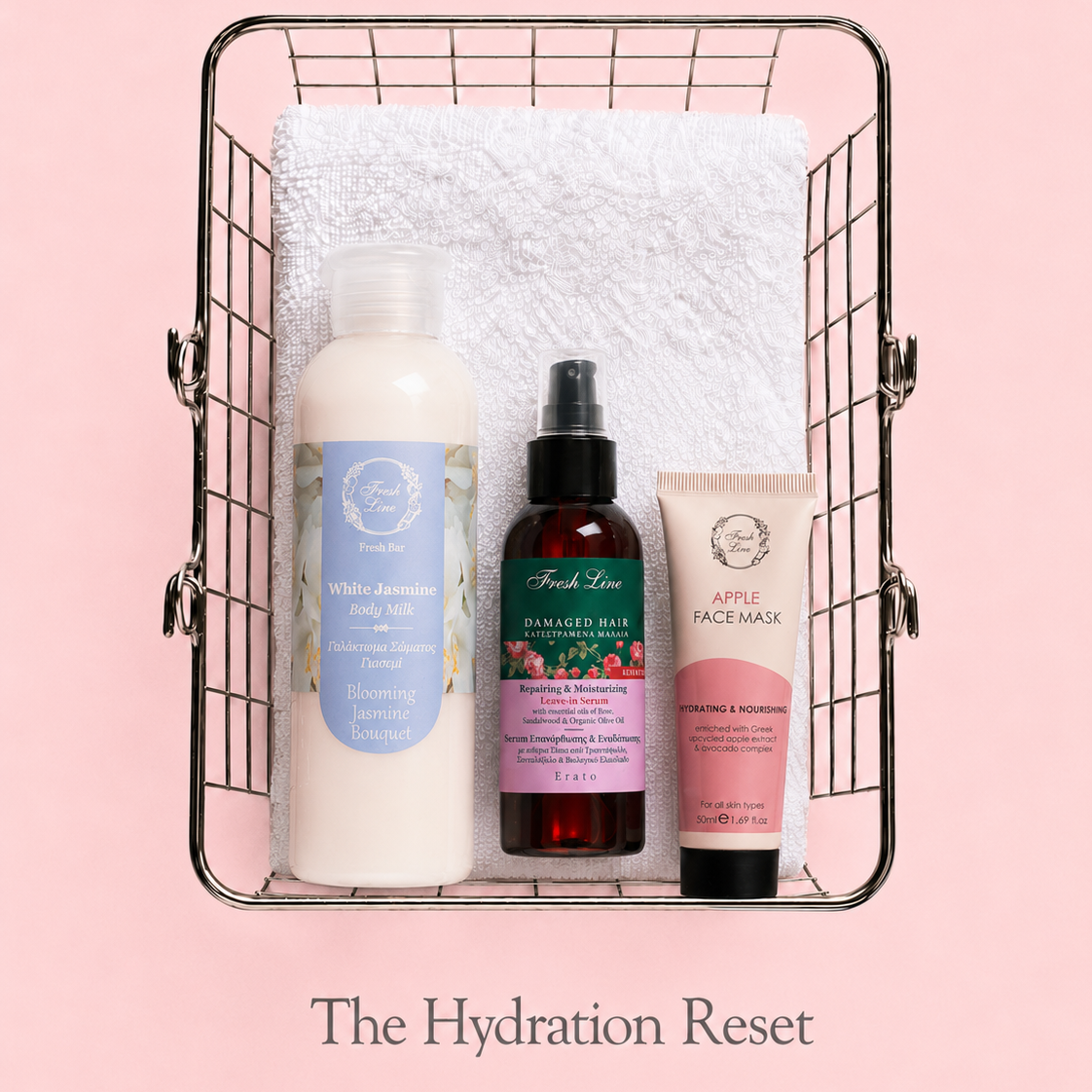 The Hydration Reset bundle ενυδάτωσης με Apple μάσκα προσώπου, Ερατώ serum επανόρθωσης και ενυδάτωσης μαλλιών και White Jasmine γαλάκτωμα σώματος