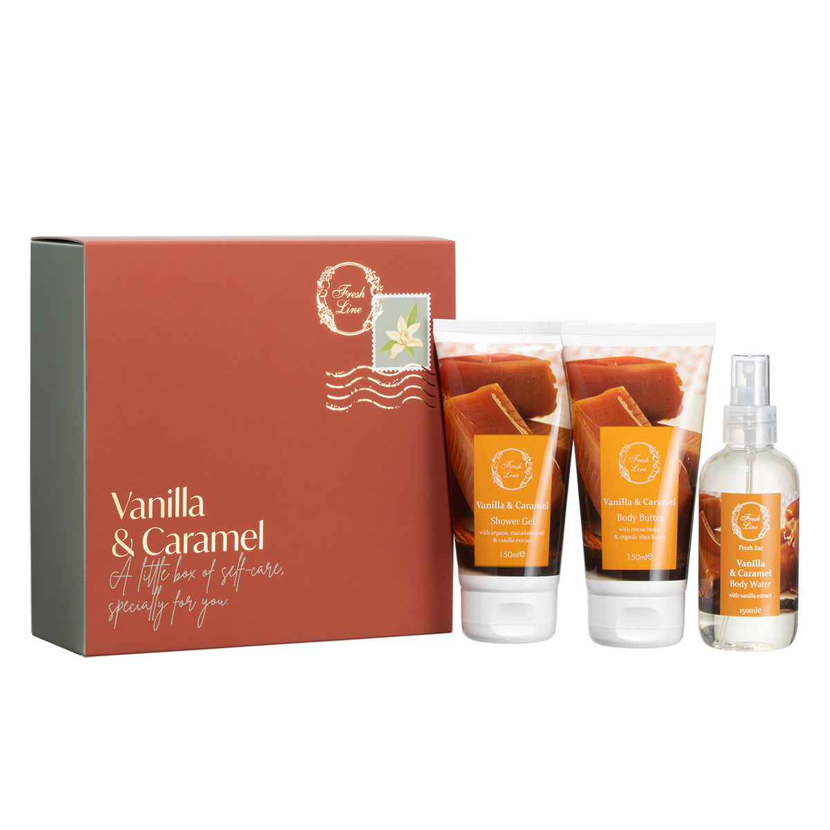 Σετ δώρου Vanilla & Caramel της Fresh Line με αφρόλουτρο, κρέμα σώματος και αρωματικό νερό με άρωμα βανίλιας και καραμέλας.