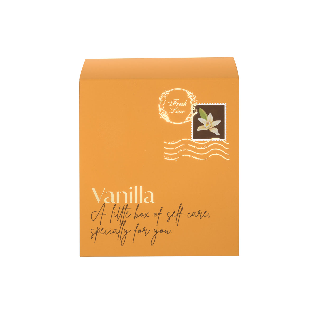 Κίτρινο κουτί δώρου Vanilla Mini της Fresh Line με εικονογράφηση βανίλιας σε γραμματόσημο και χρυσές λεπτομέρειες στην μπροστινή όψη.