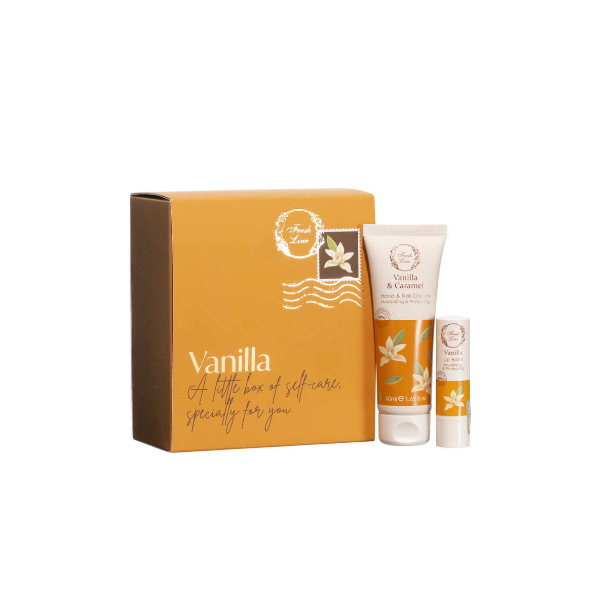 Σετ δώρου Vanilla Mini της Fresh Line με κρέμα χεριών και balm χειλιών, δίπλα στη συσκευασία δώρου.